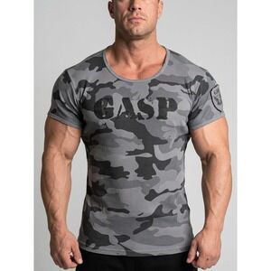 GASP Ribbed T-Shirt Mens Large Gray Camo Muscle Fit Distressed Bodybuilding